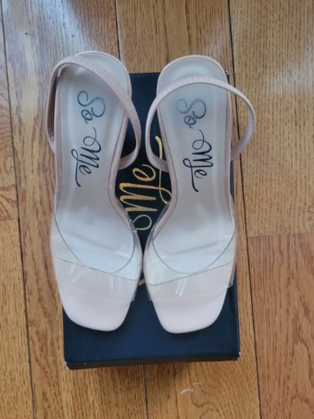 So Me Womens Sandals Size 7 Beige Clear Strap Heels Nude Open Toe Sling back - Picture 3 of 6